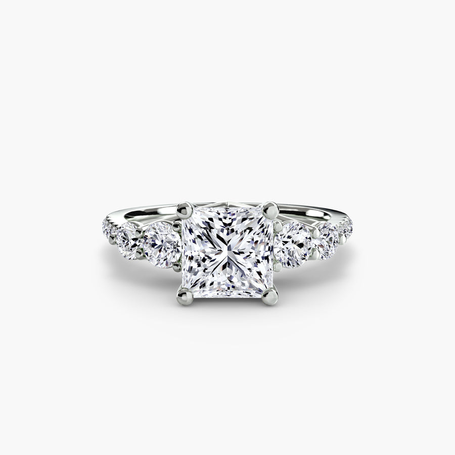 14K White Gold / Princess Five Stone Ring with Pavé Band