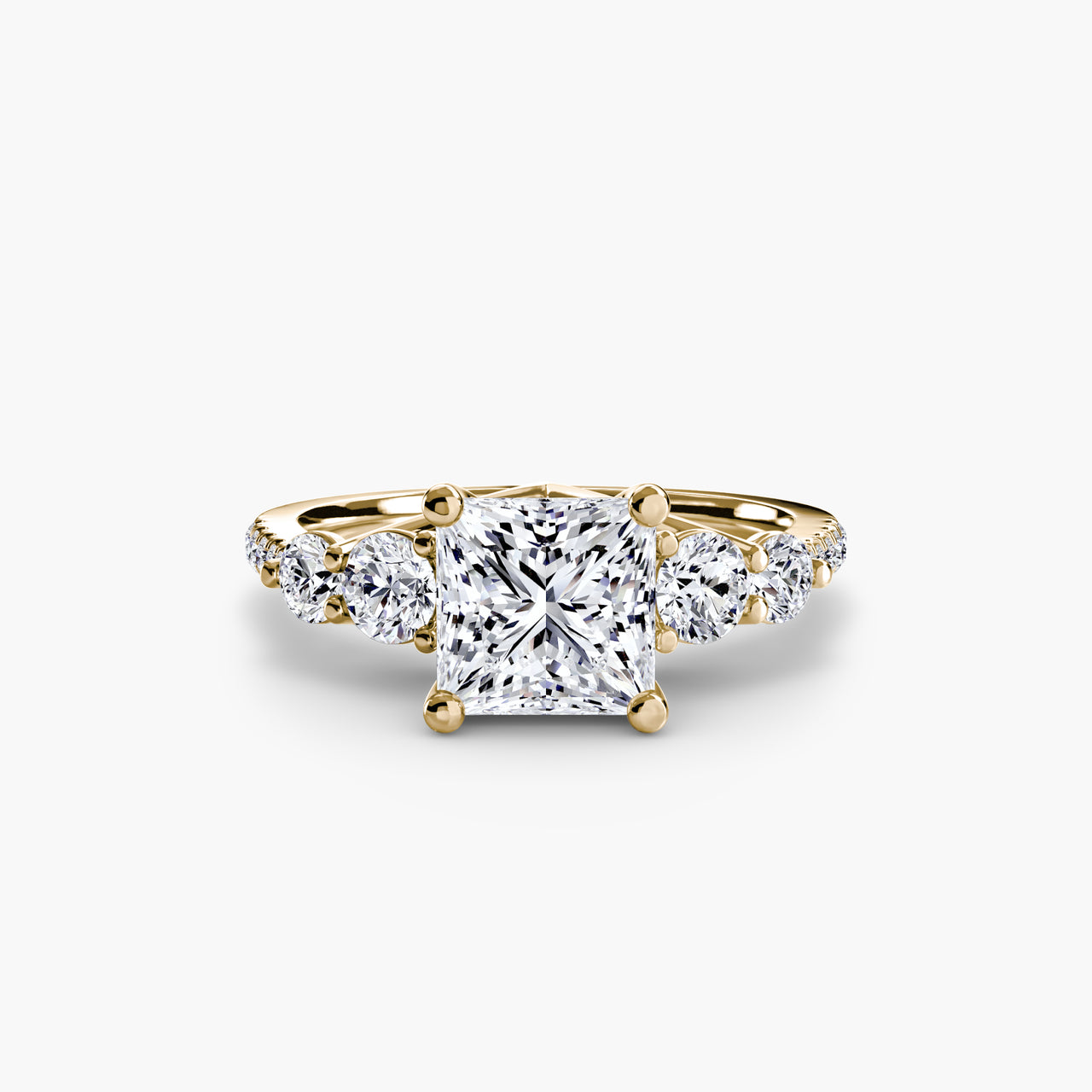 14K Yellow Gold / Princess Five Stone Ring with Pavé Band