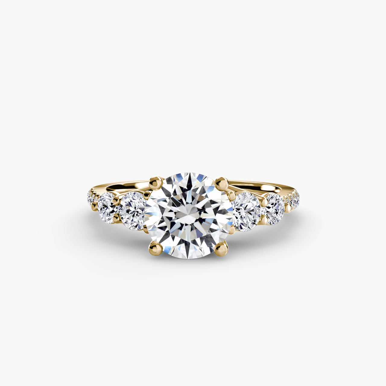 14K Yellow Gold / Round Five Stone Ring with Pavé Band