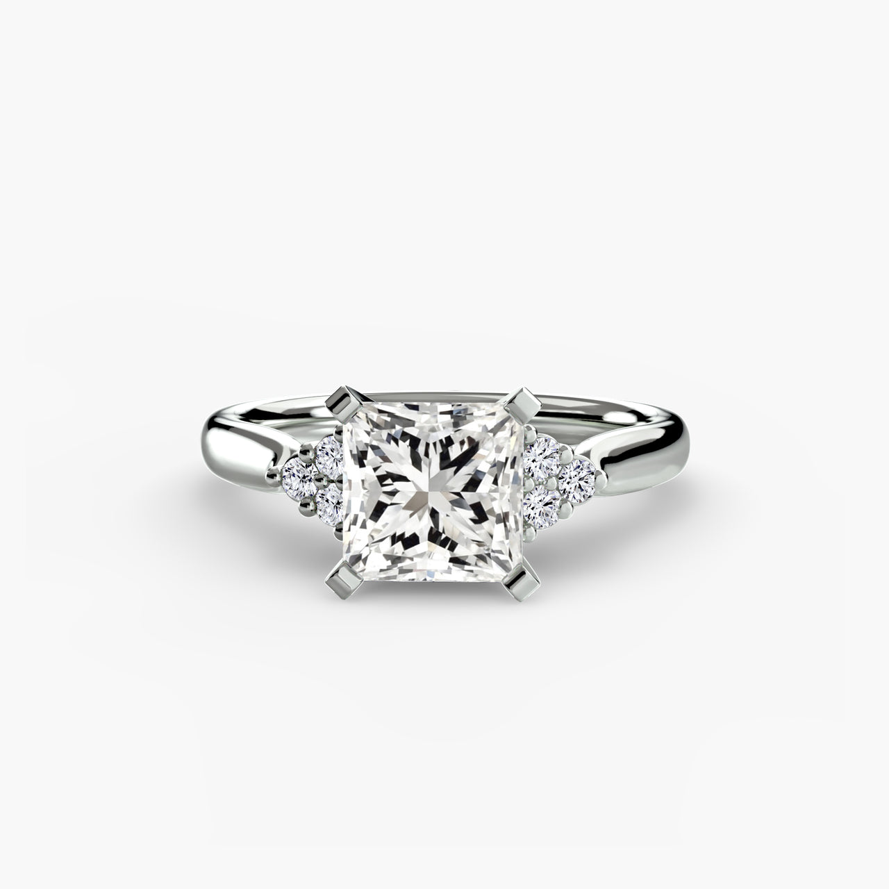 14K White Gold / Princess Solitaire with Cluster Shoulders 2
