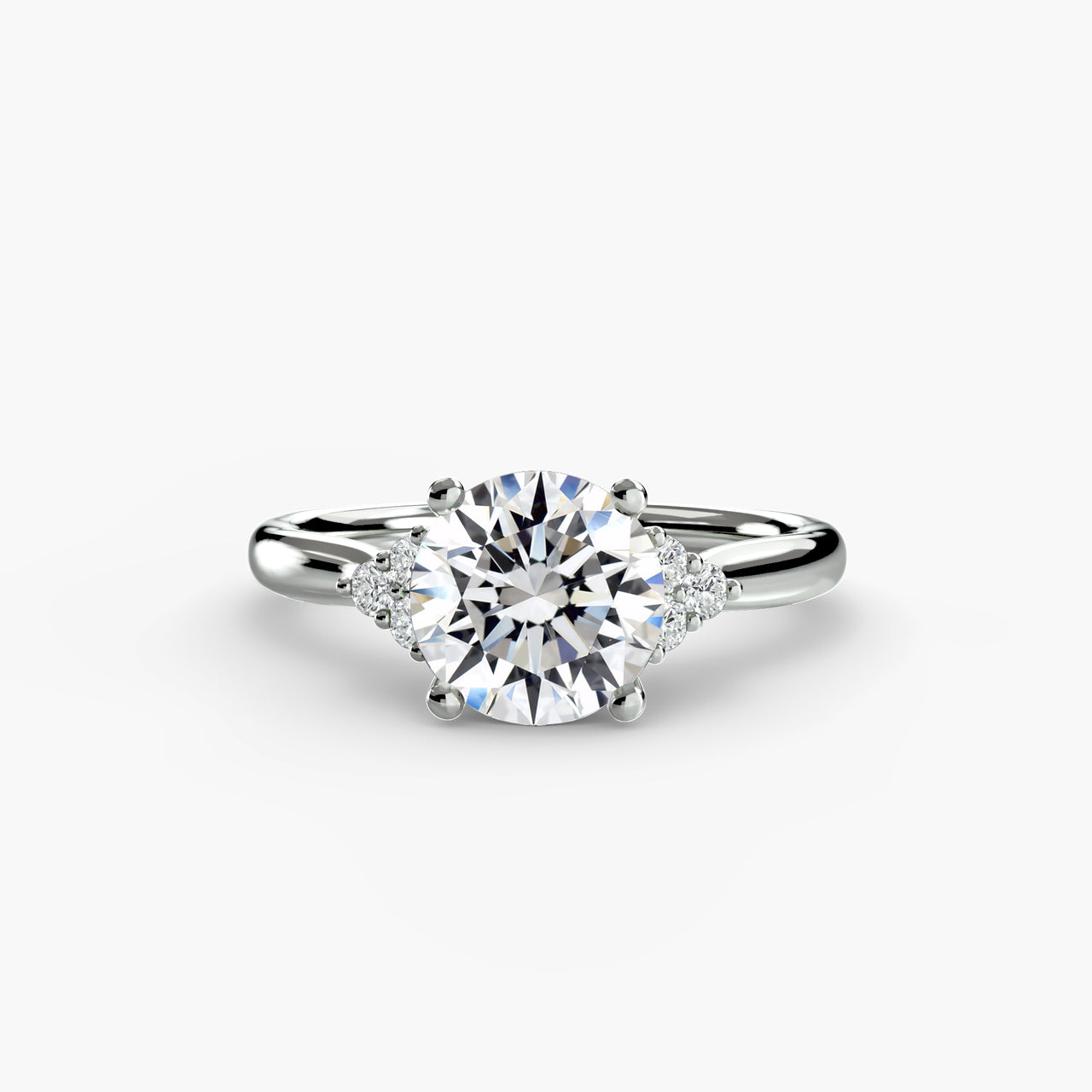 14K White Gold / Round Solitaire with Cluster Shoulders