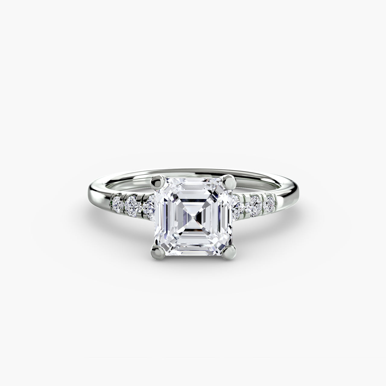 14K White Gold / Asscher Solitaire with Shoulder Accents