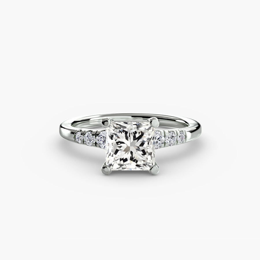 14K White Gold / Princess Solitaire with Shoulder Accents