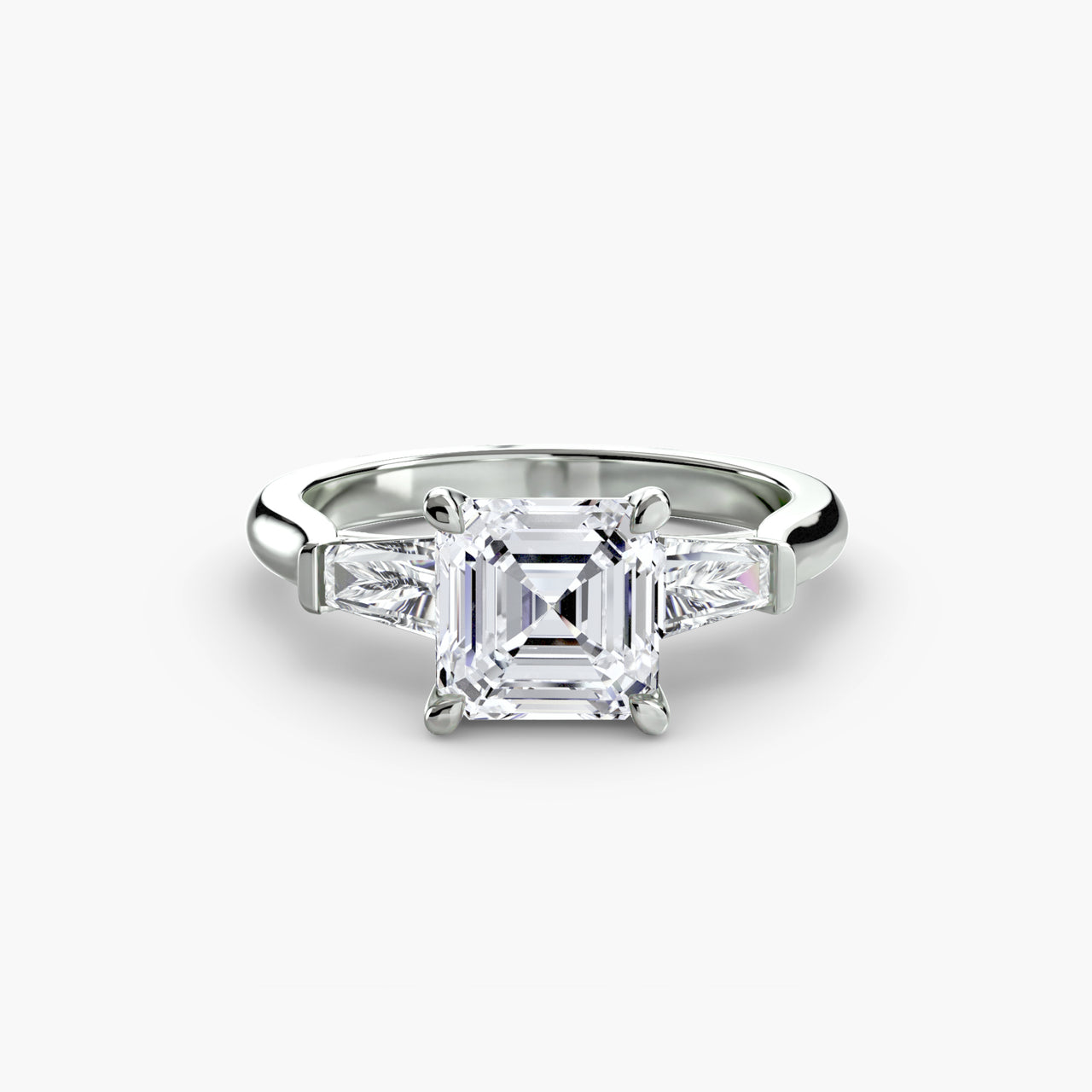 14K White Gold / Asscher Three-Stone Ring (Baguette Side Stones)