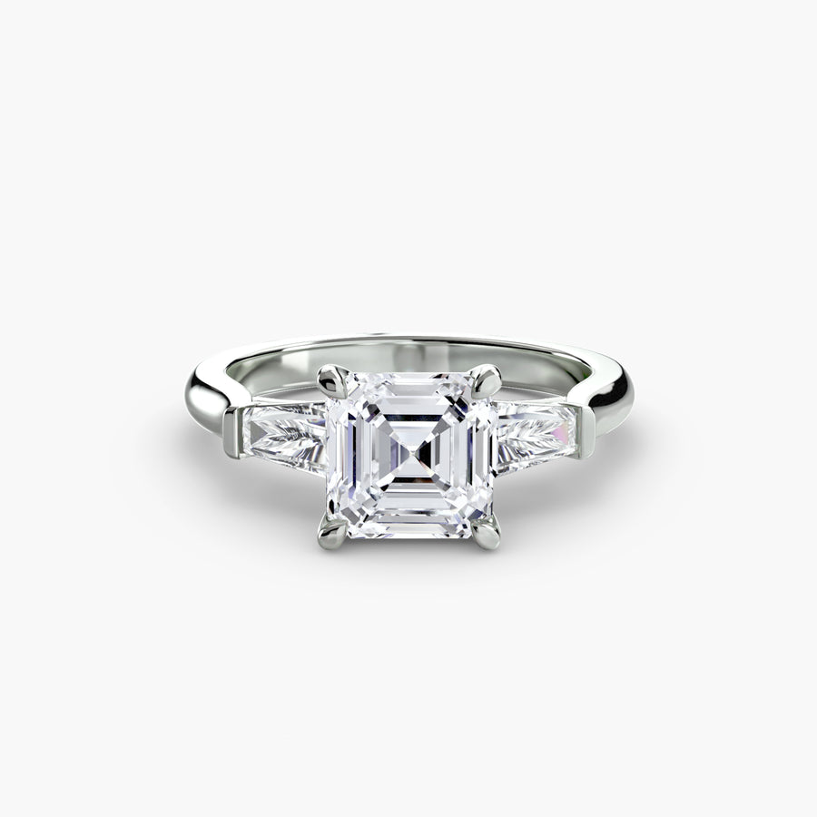 14K White Gold / Asscher Three-Stone Ring (Baguette Side Stones)