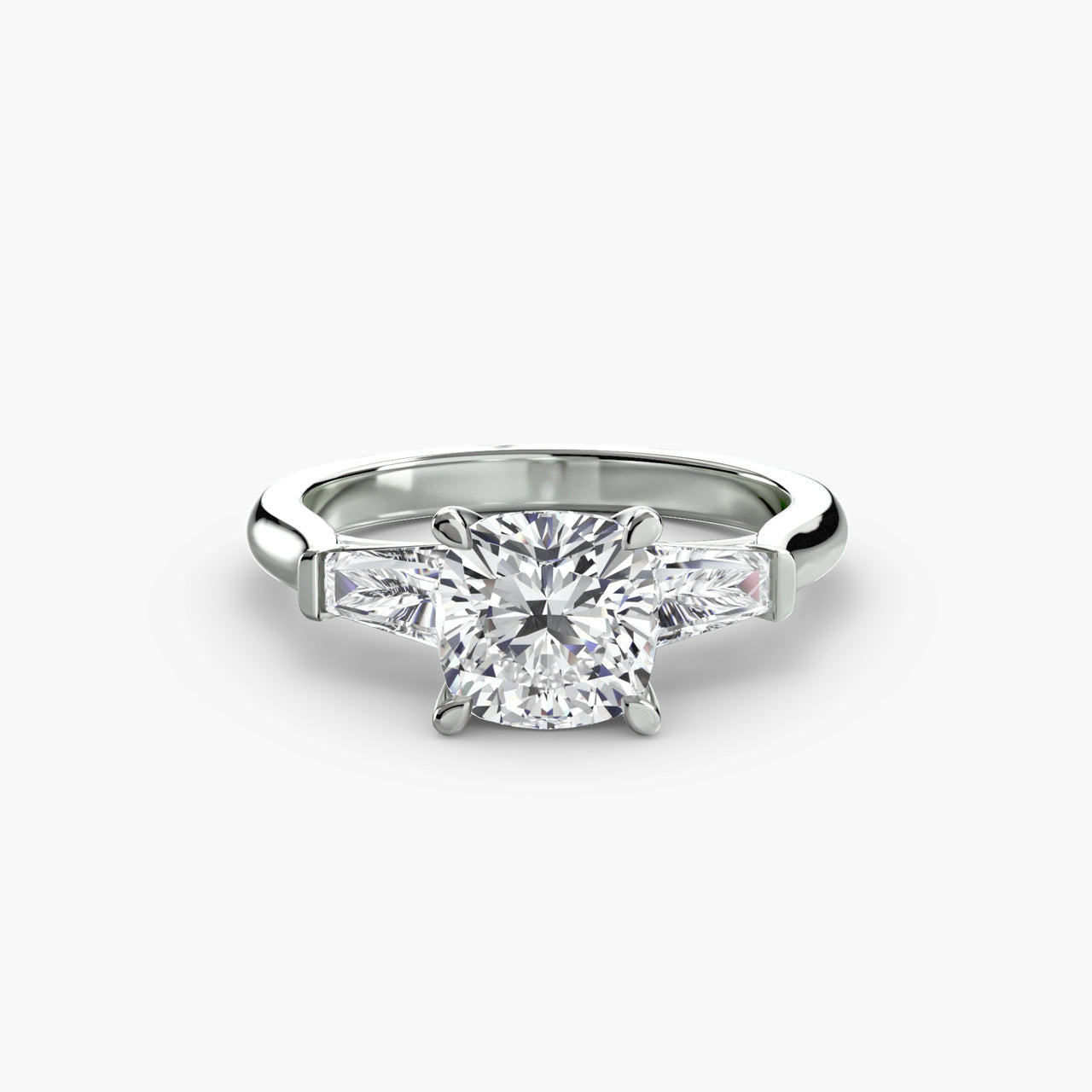 14K White Gold / Cushion Three-Stone Ring (Baguette Side Stones)