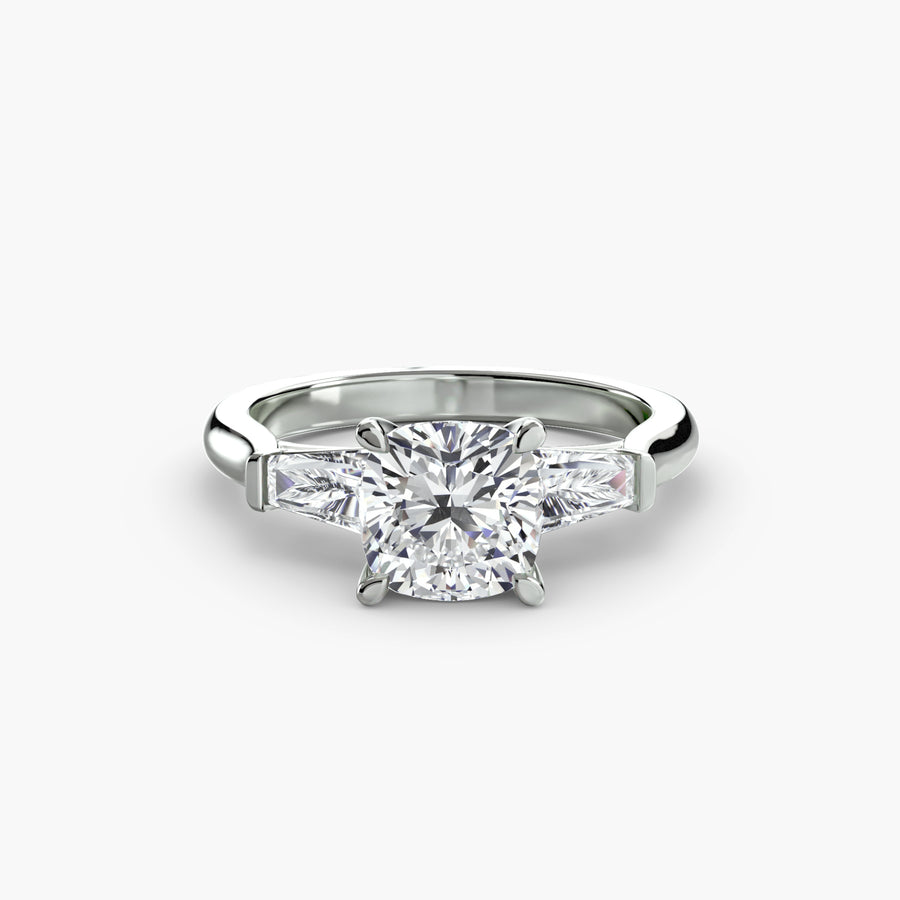 14K White Gold / Cushion Three-Stone Ring (Baguette Side Stones)