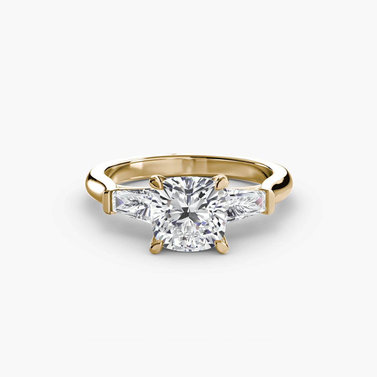 14K Yellow Gold / Cushion Three-Stone Ring (Baguette Side Stones)