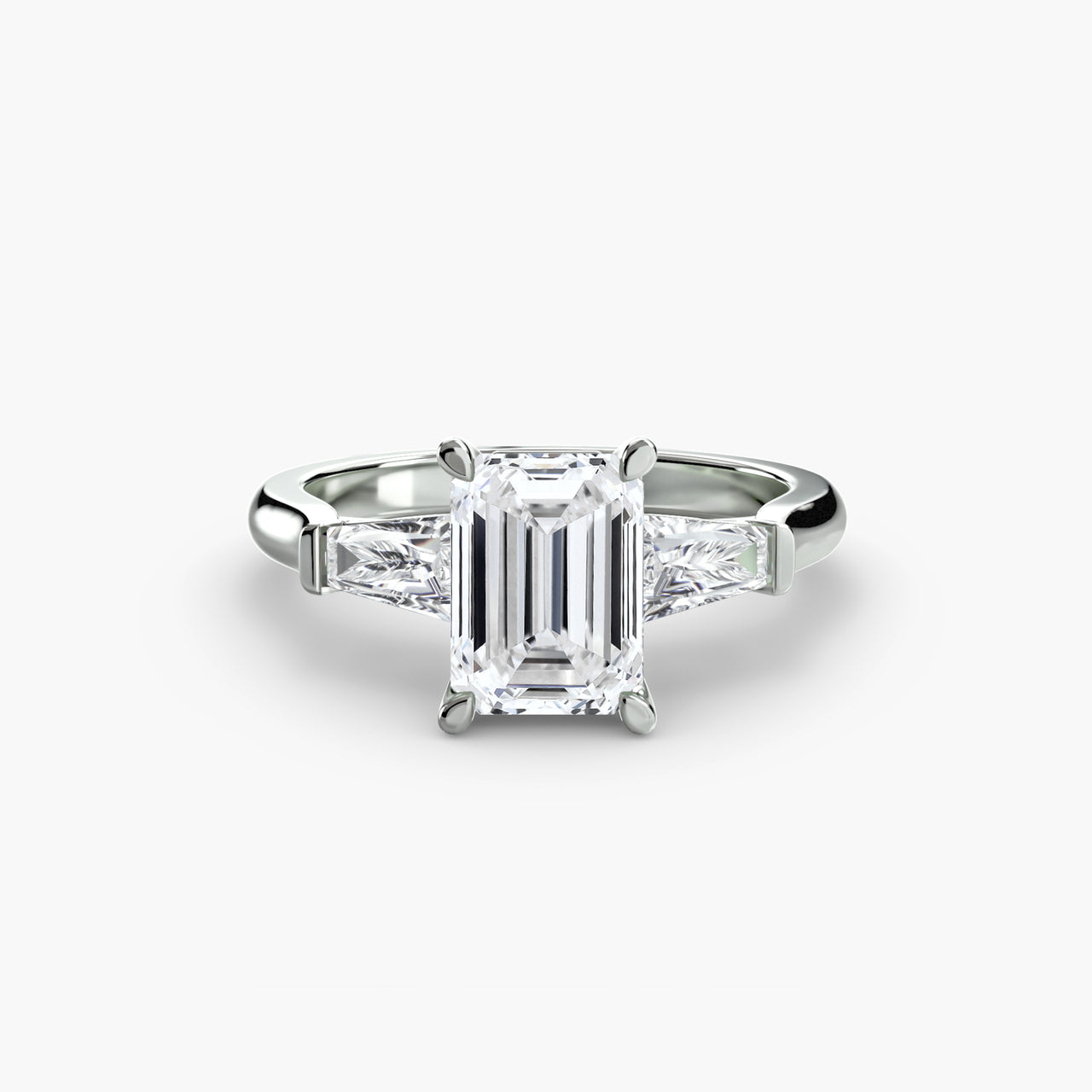 14K White Gold / Emerald Three-Stone Ring (Baguette Side Stones)