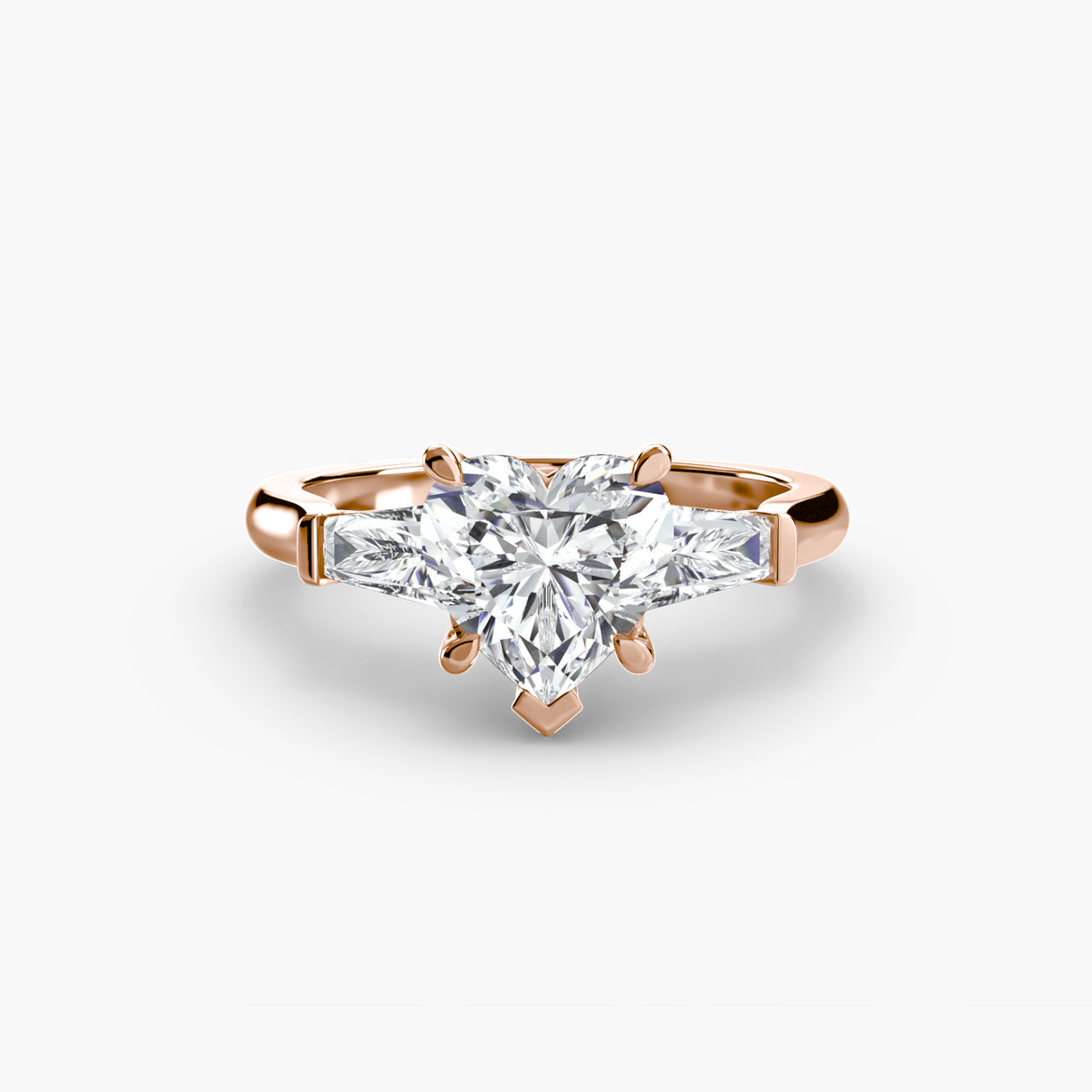 14K Rose Gold / Heart Three-Stone Ring (Baguette Side Stones)