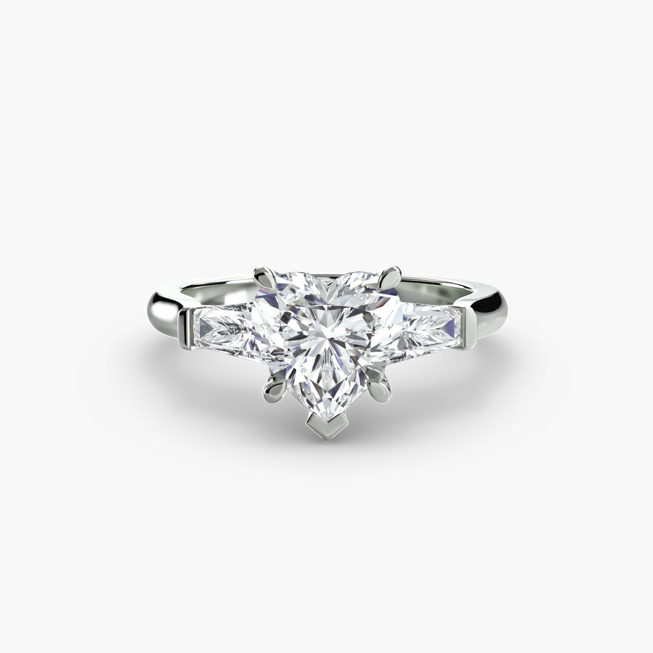 14K White Gold / Heart Three-Stone Ring (Baguette Side Stones)