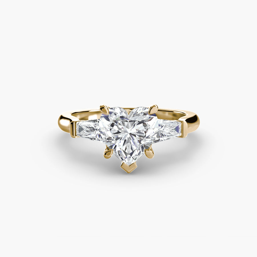 14K Yellow Gold / Heart Three-Stone Ring (Baguette Side Stones)