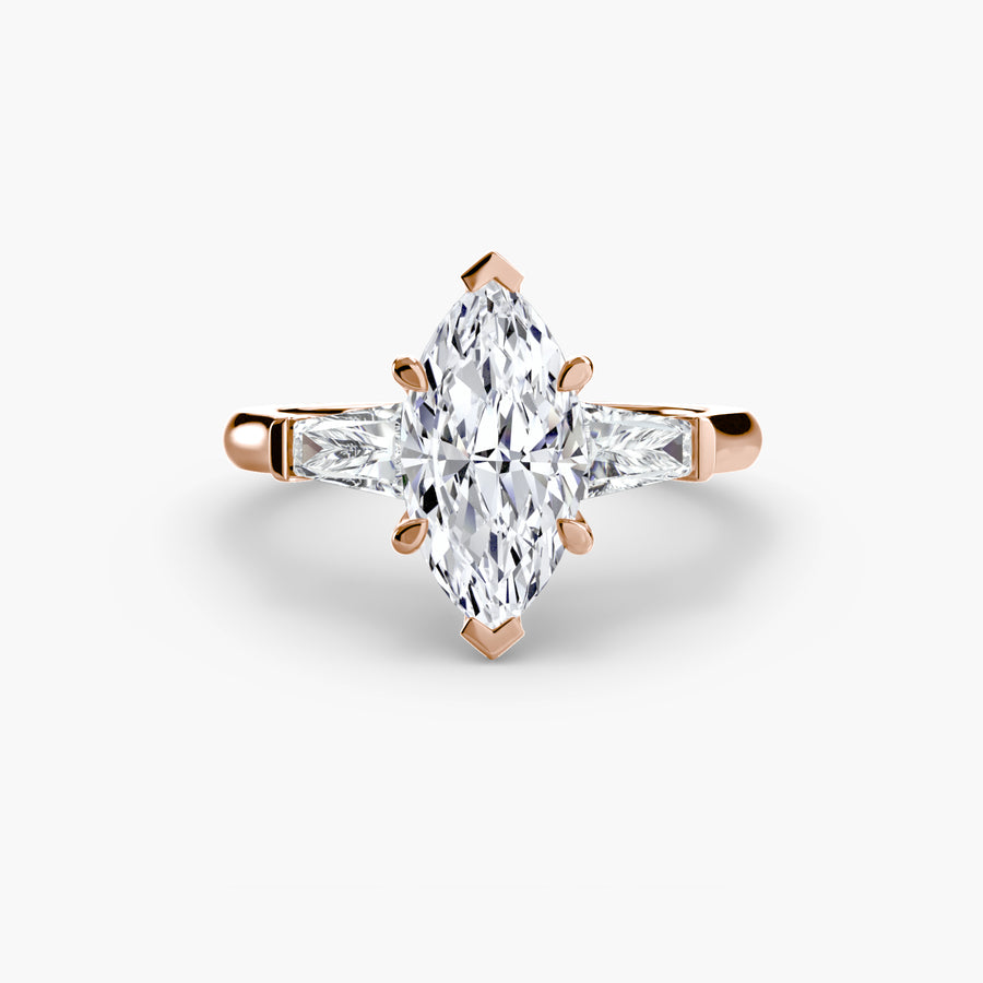 14K Rose Gold / Marquise Three-Stone Ring (Baguette Side Stones)