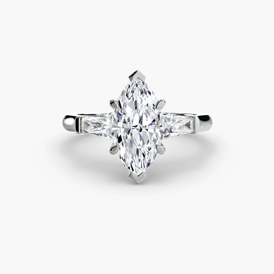 14K White Gold / Marquise Three-Stone Ring (Baguette Side Stones)