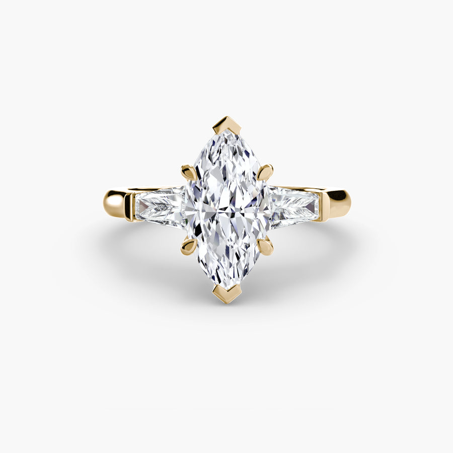 14K Yellow Gold / Marquise Three-Stone Ring (Baguette Side Stones)