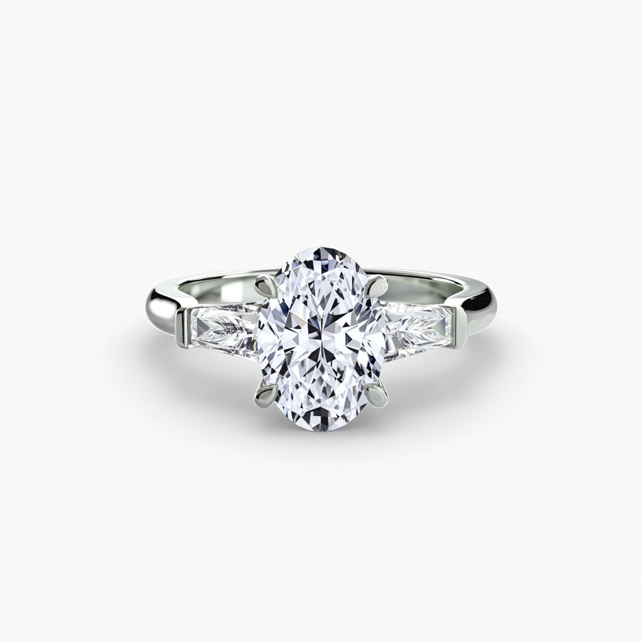14K White Gold / Oval Three-Stone Ring (Baguette Side Stones)