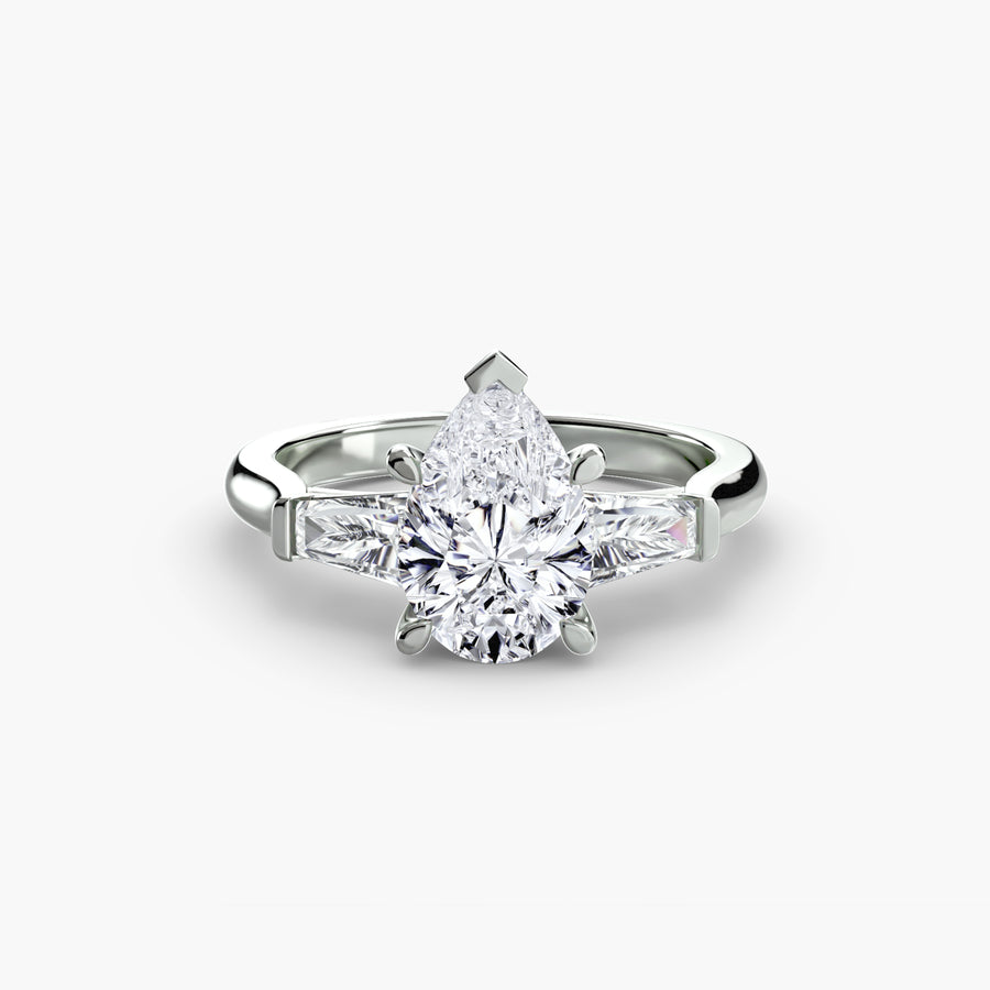 14K White Gold / Pear Three-Stone Ring (Baguette Side Stones)