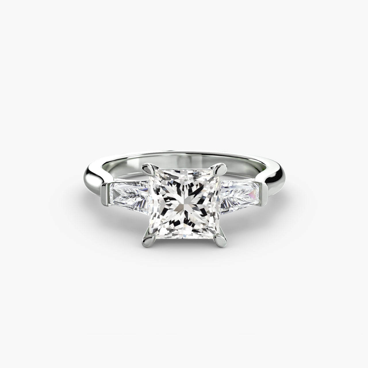 14K White Gold / Princess Three-Stone Ring (Baguette Side Stones)