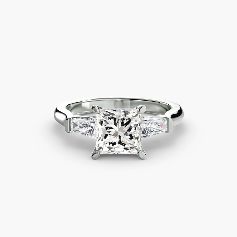 14K White Gold / Princess Three-Stone Ring (Baguette Side Stones)
