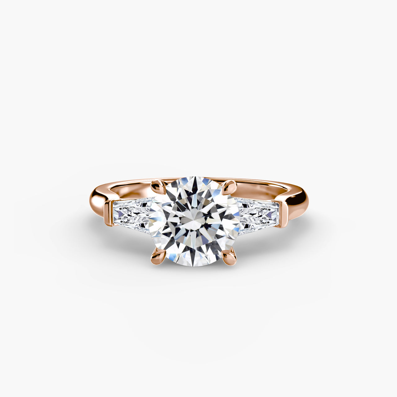 14K Rose Gold / Round Three-Stone Ring (Baguette Side Stones)