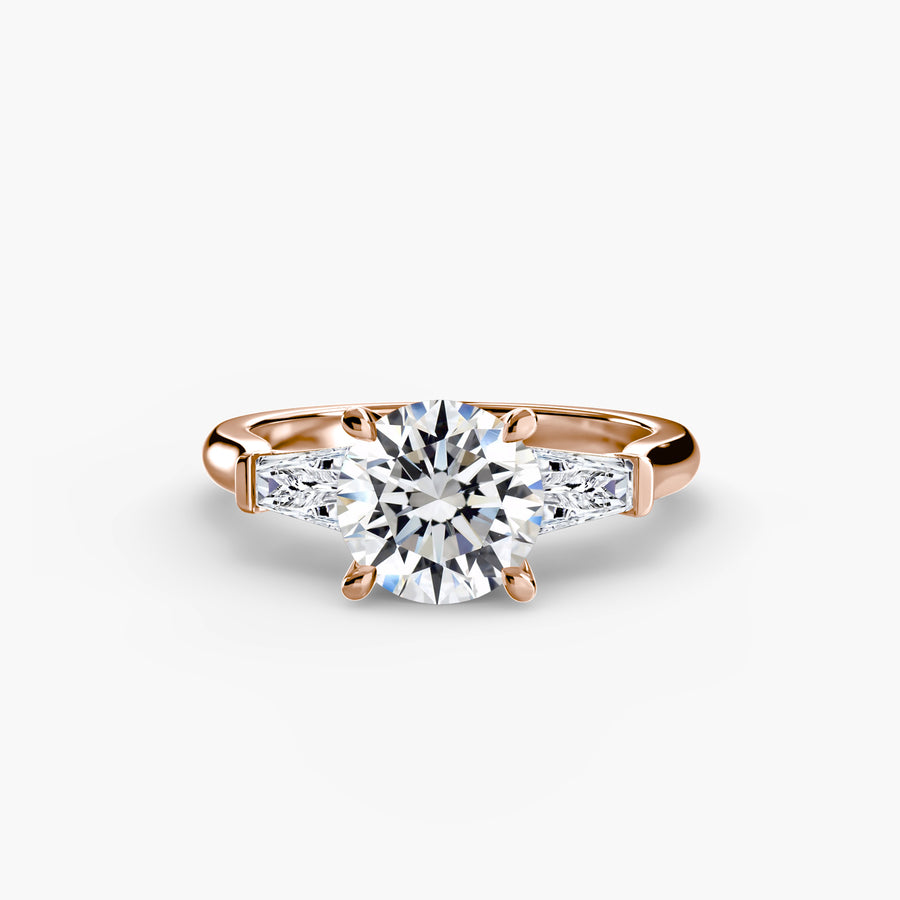 14K Rose Gold / Round Three-Stone Ring (Baguette Side Stones)