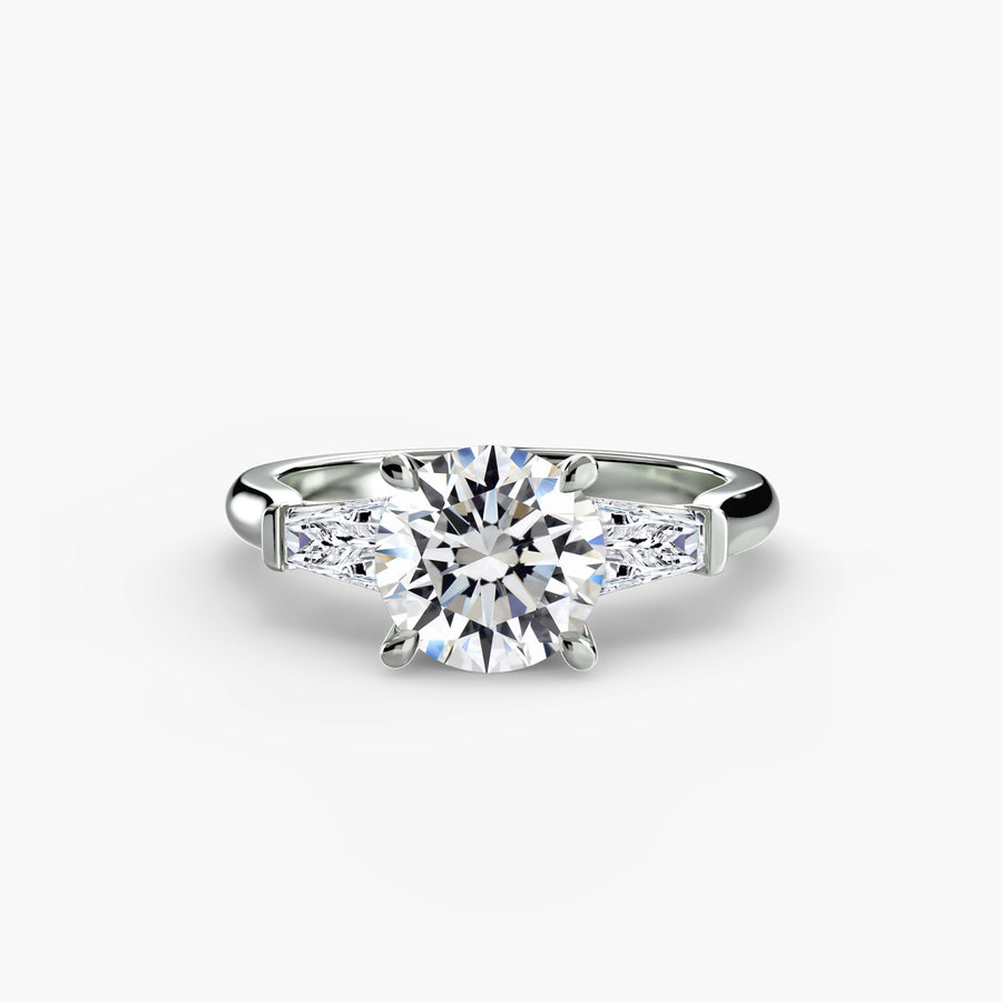 14K White Gold / Round Three-Stone Ring (Baguette Side Stones)