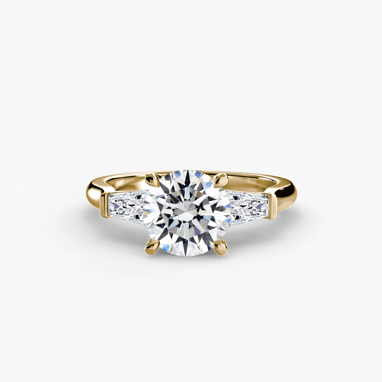 14K Yellow Gold / Round Three-Stone Ring (Baguette Side Stones)