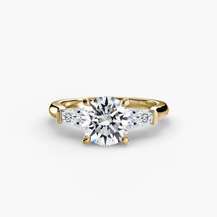 14K Yellow Gold / Round Three-Stone Ring (Baguette Side Stones)