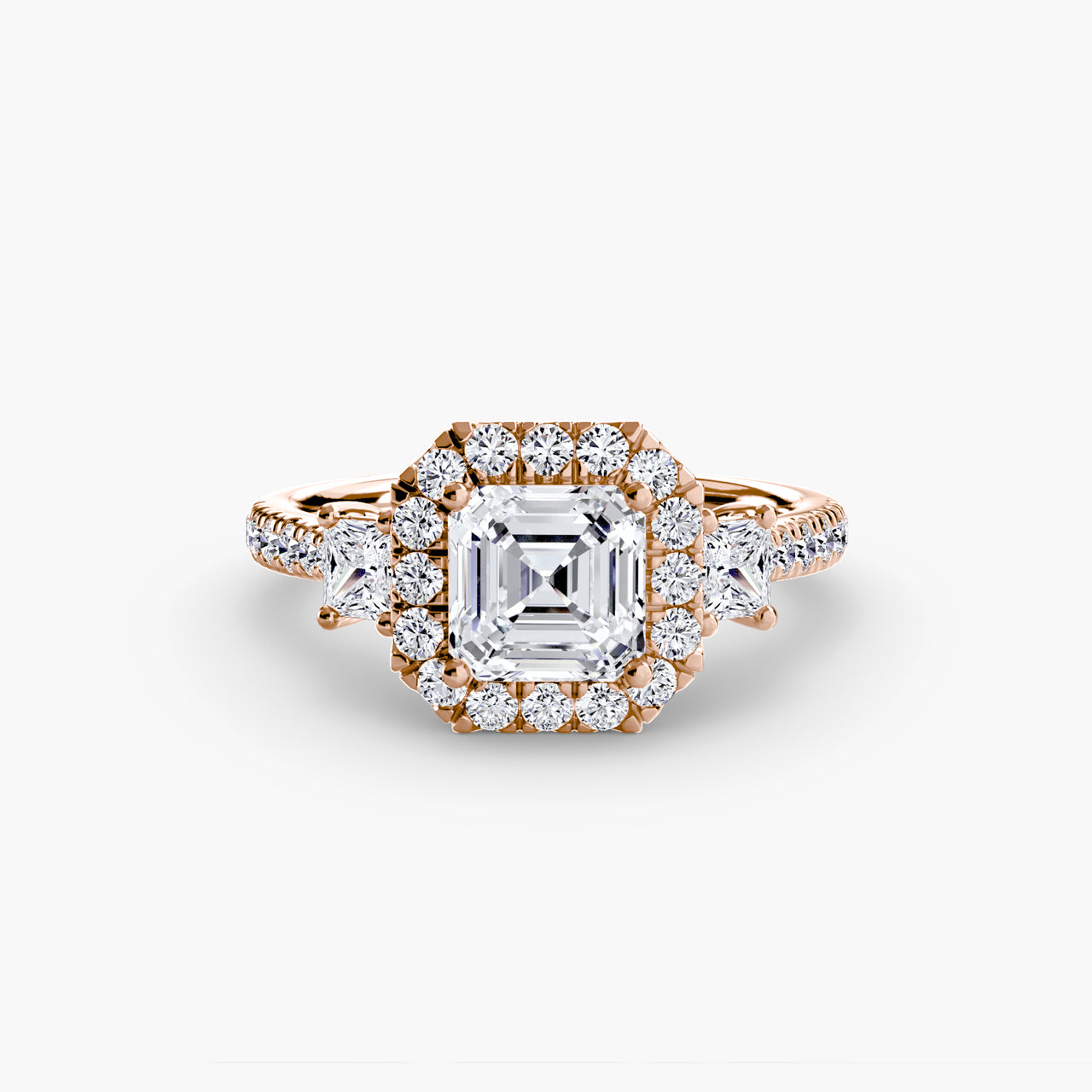 14K Rose Gold / Asscher Three-Stone Ring with Halo 2