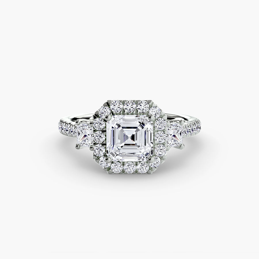 14K White Gold / Asscher Three-Stone Ring with Halo 2