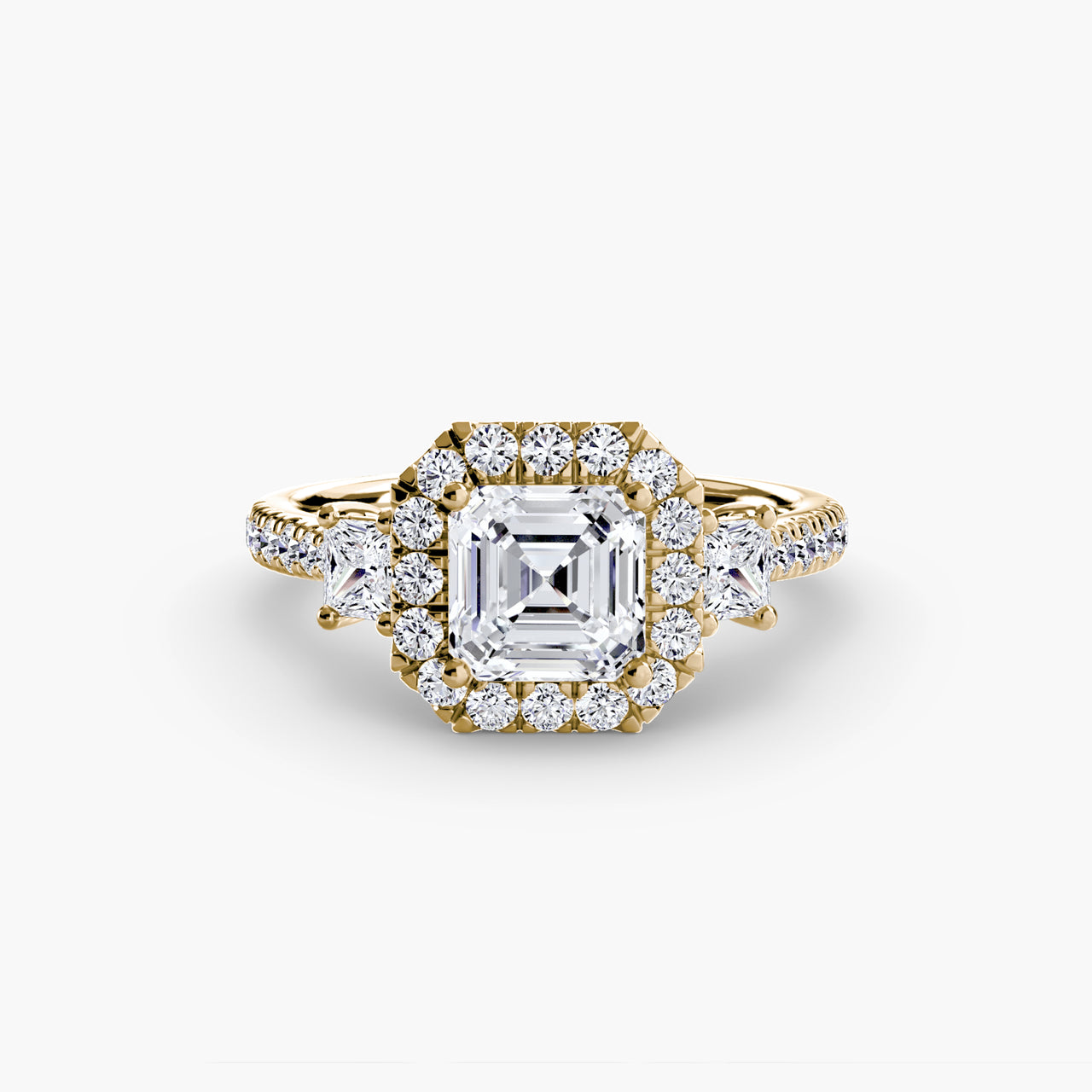 14K Yellow Gold / Asscher Three-Stone Ring with Halo 2