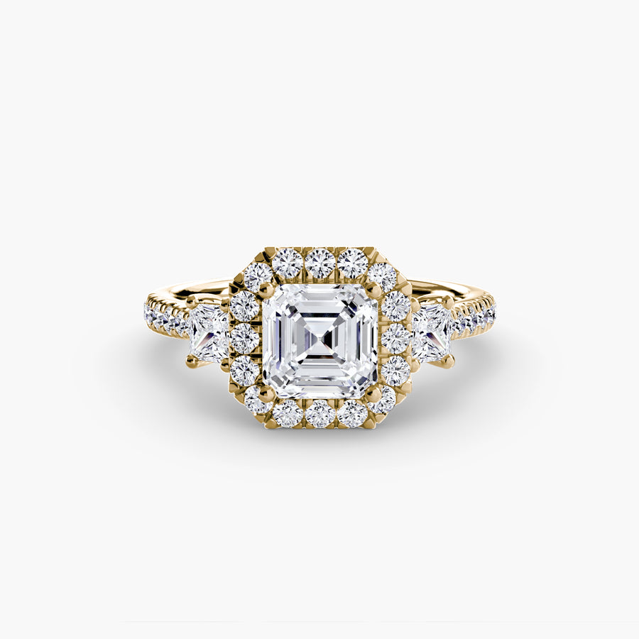 14K Yellow Gold / Asscher Three-Stone Ring with Halo 2