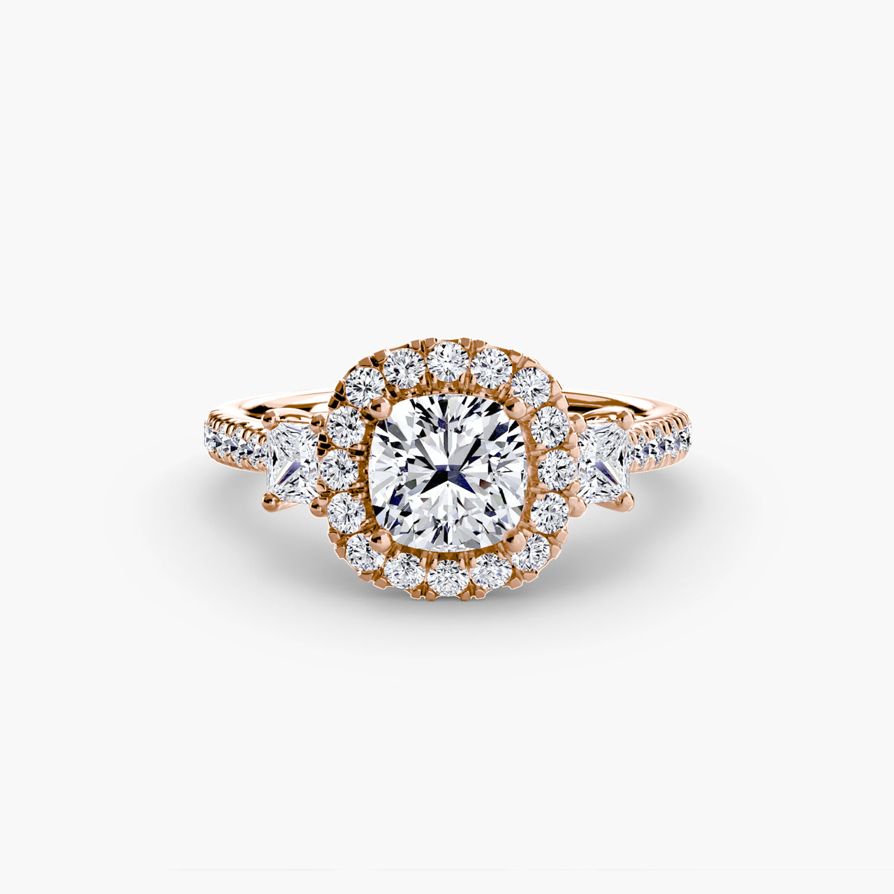 14K Rose Gold / Cushion Three-Stone Ring with Halo 2