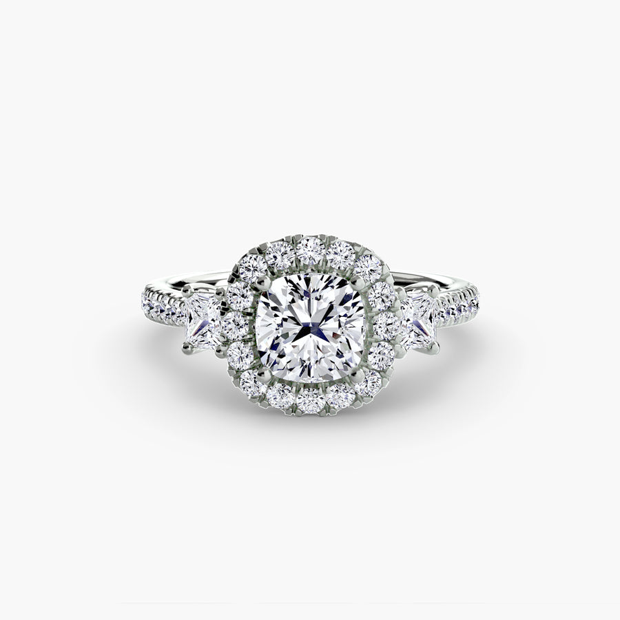14K White Gold / Cushion Three-Stone Ring with Halo 2