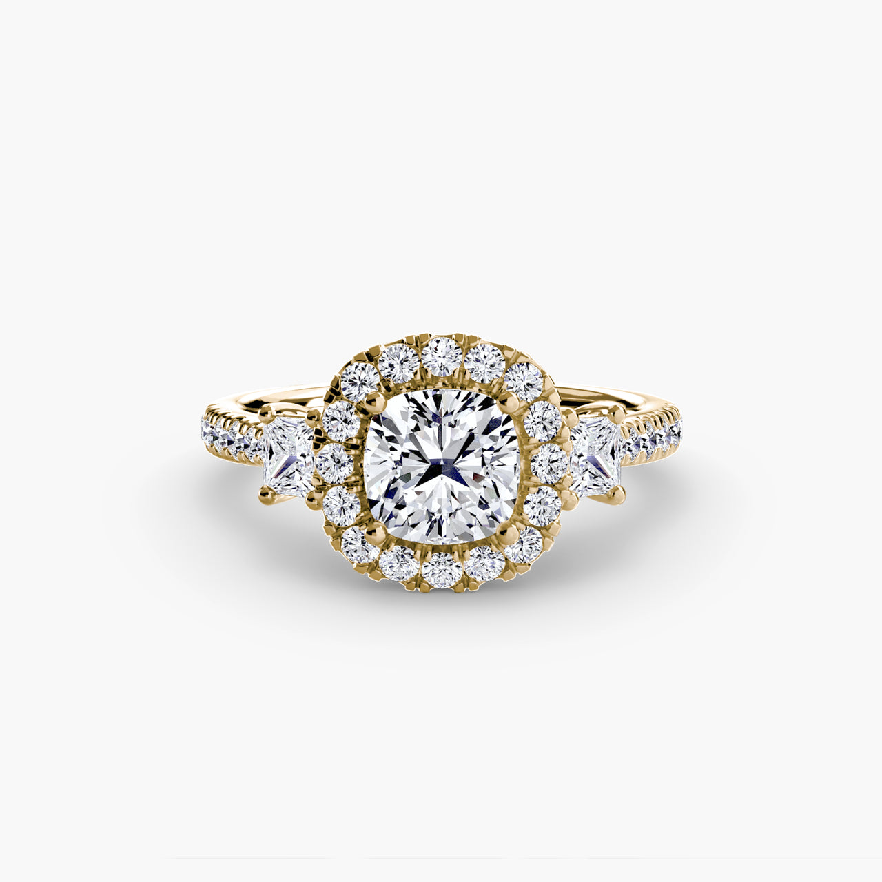 14K Yellow Gold / Cushion Three-Stone Ring with Halo 2