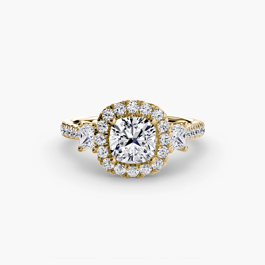 14K Yellow Gold / Cushion Three-Stone Ring with Halo 2