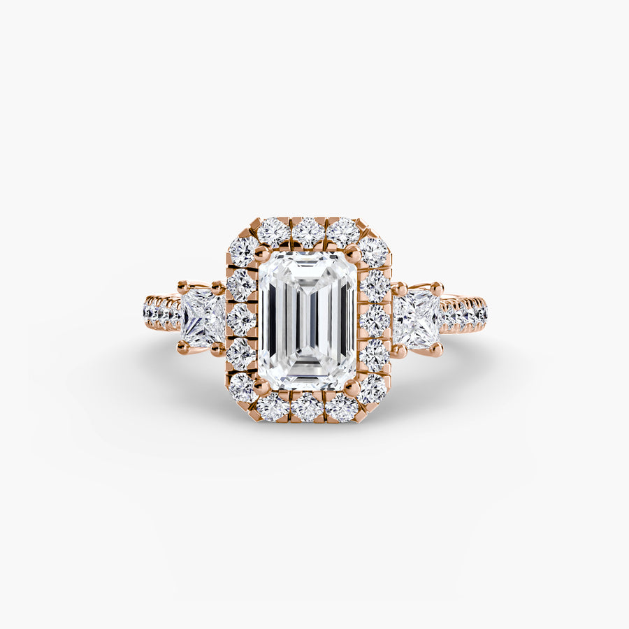 14K Rose Gold / Emerald Three-Stone Ring with Halo 2