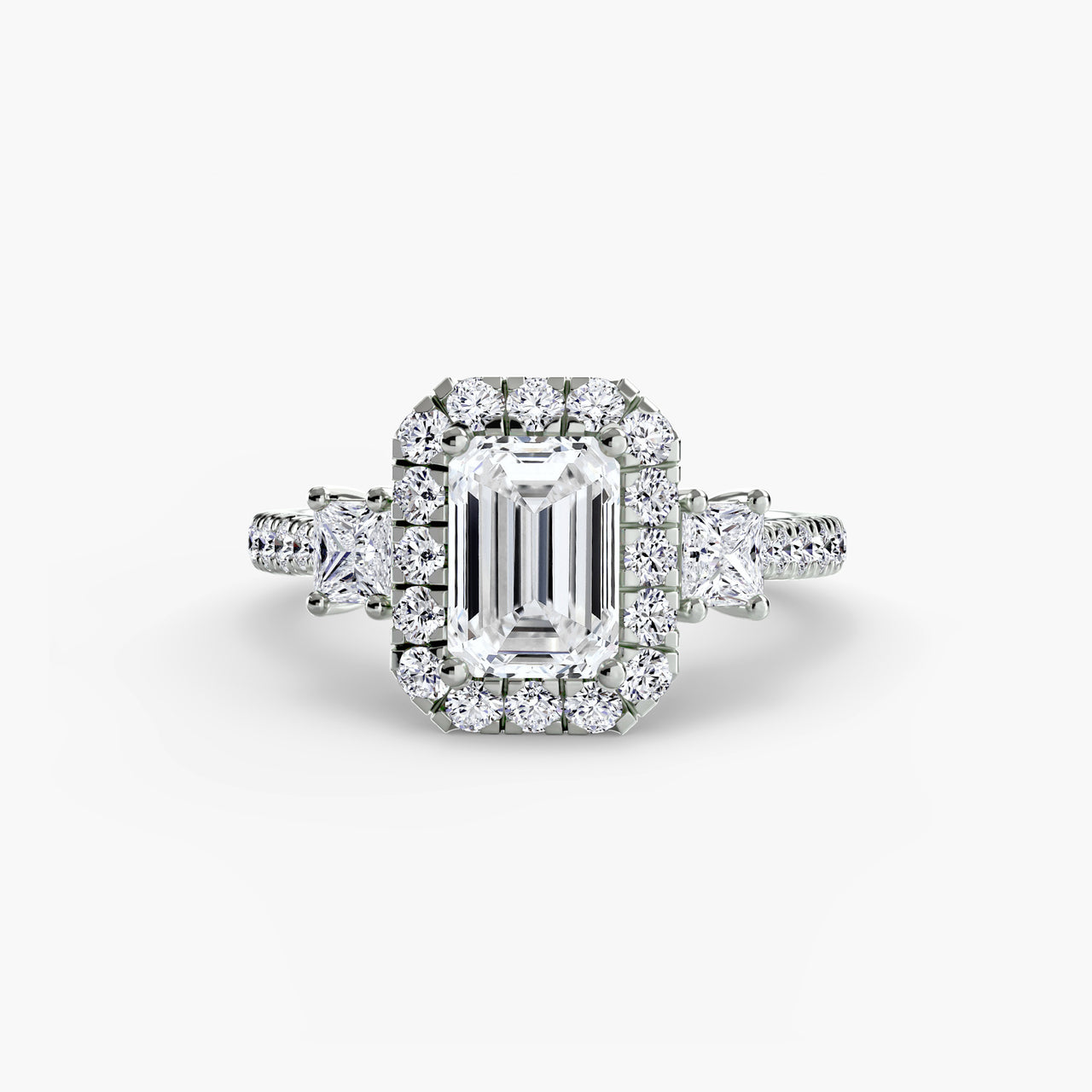 14K White Gold / Emerald Three-Stone Ring with Halo 2