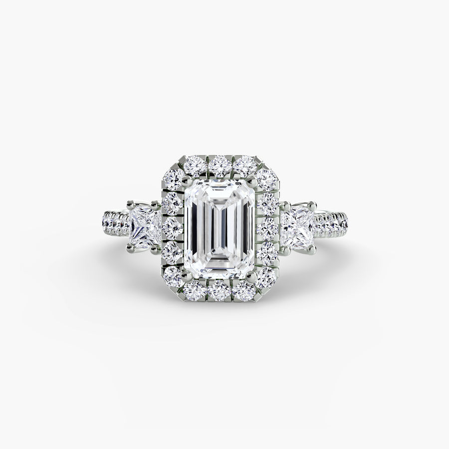 14K White Gold / Emerald Three-Stone Ring with Halo 2