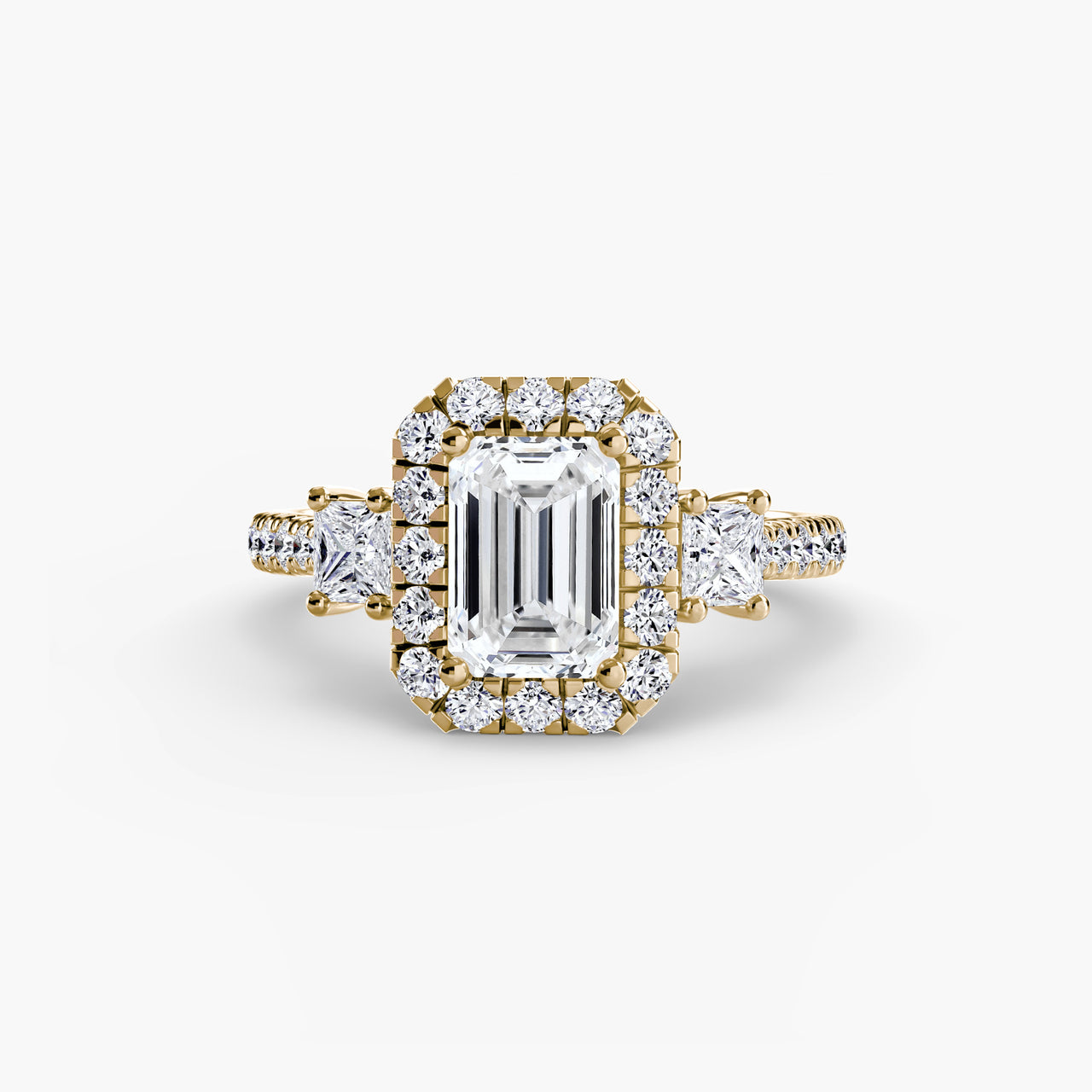 14K Yellow Gold / Emerald Three-Stone Ring with Halo 2