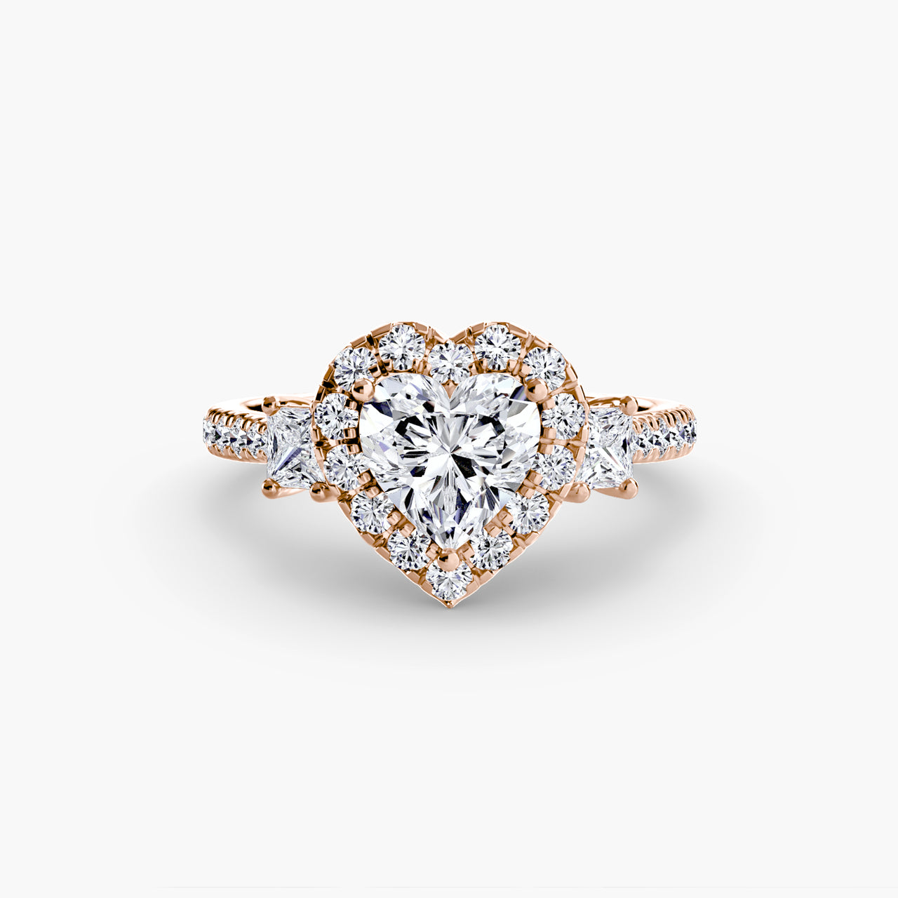 14K Rose Gold / Heart Three-Stone Ring with Halo 2