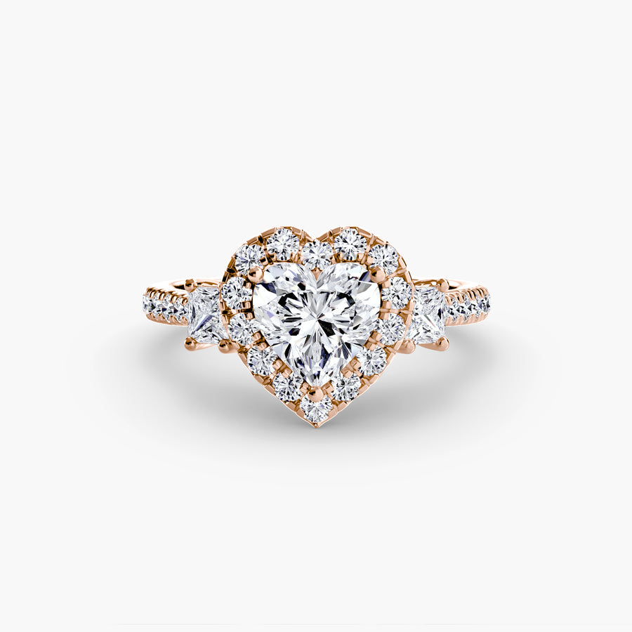 14K Rose Gold / Heart Three-Stone Ring with Halo 2