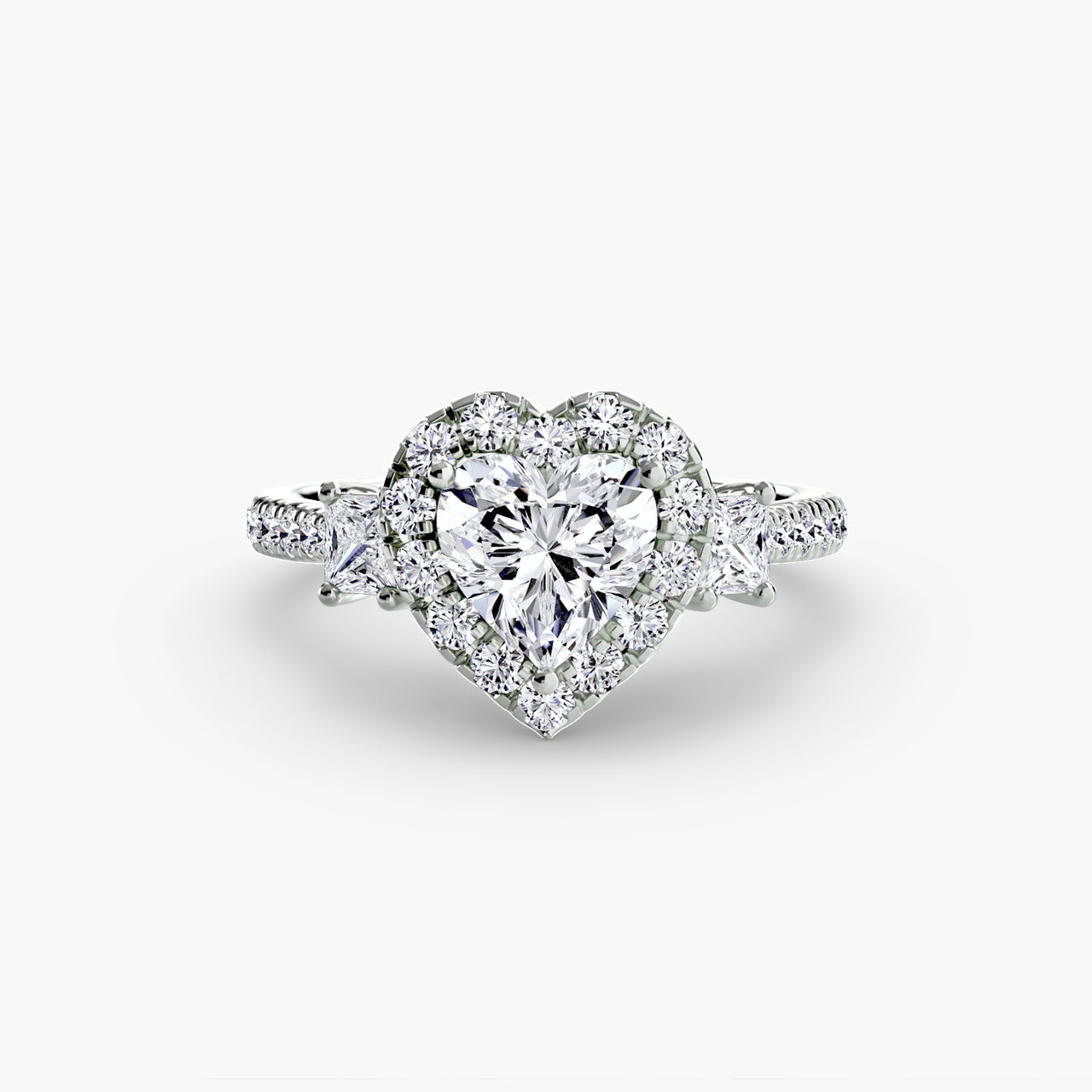 14K White Gold / Heart Three-Stone Ring with Halo 2