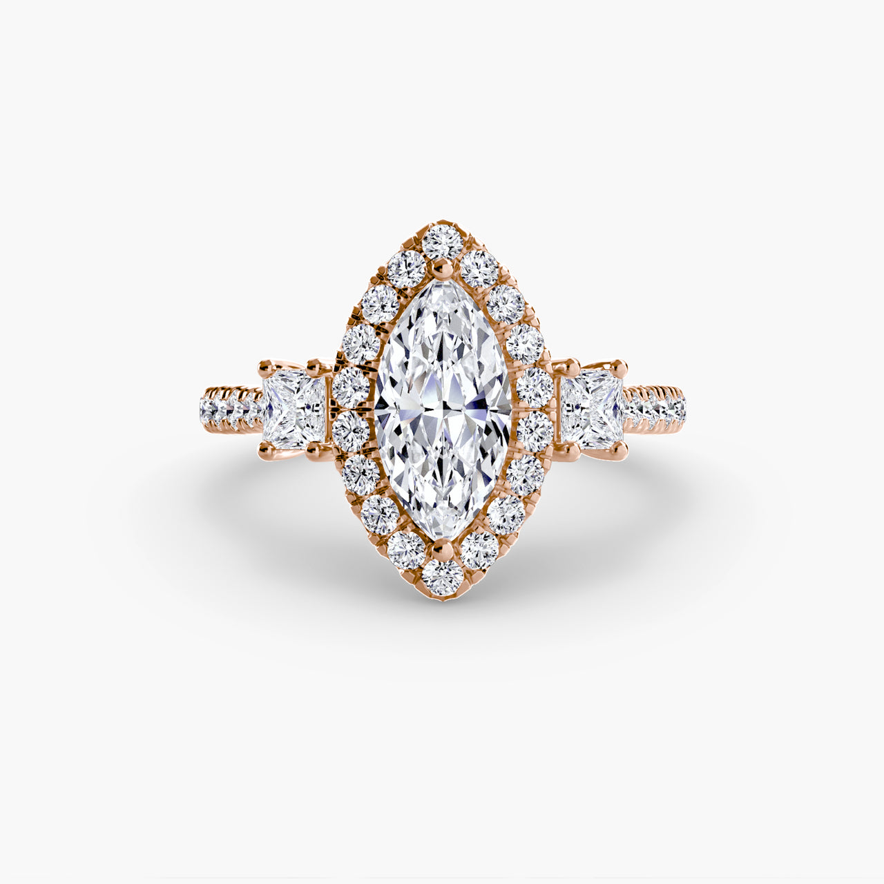 14K Rose Gold / Marquise Three-Stone Ring with Halo 2