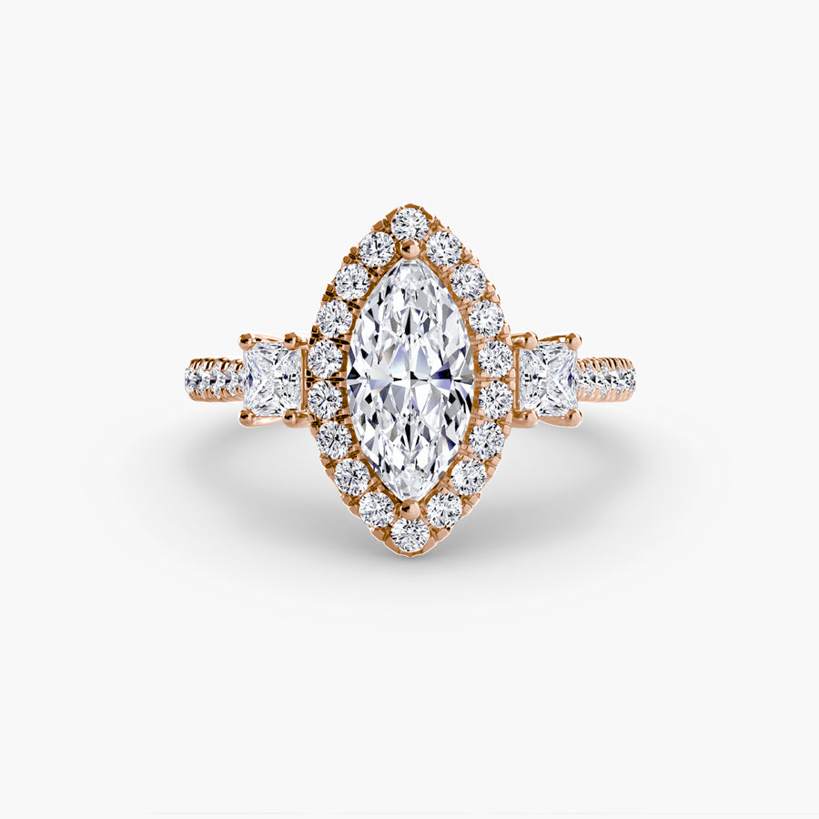 14K Rose Gold / Marquise Three-Stone Ring with Halo 2