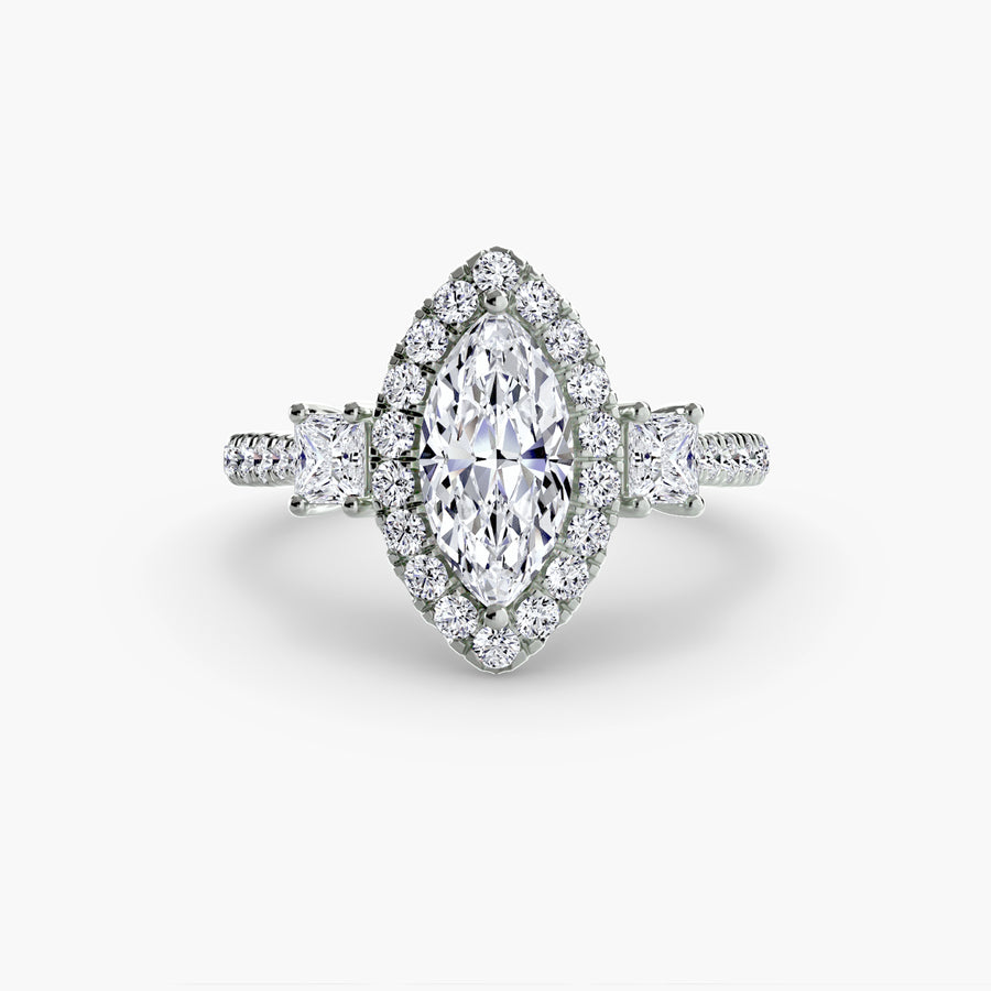 14K White Gold / Marquise Three-Stone Ring with Halo 2