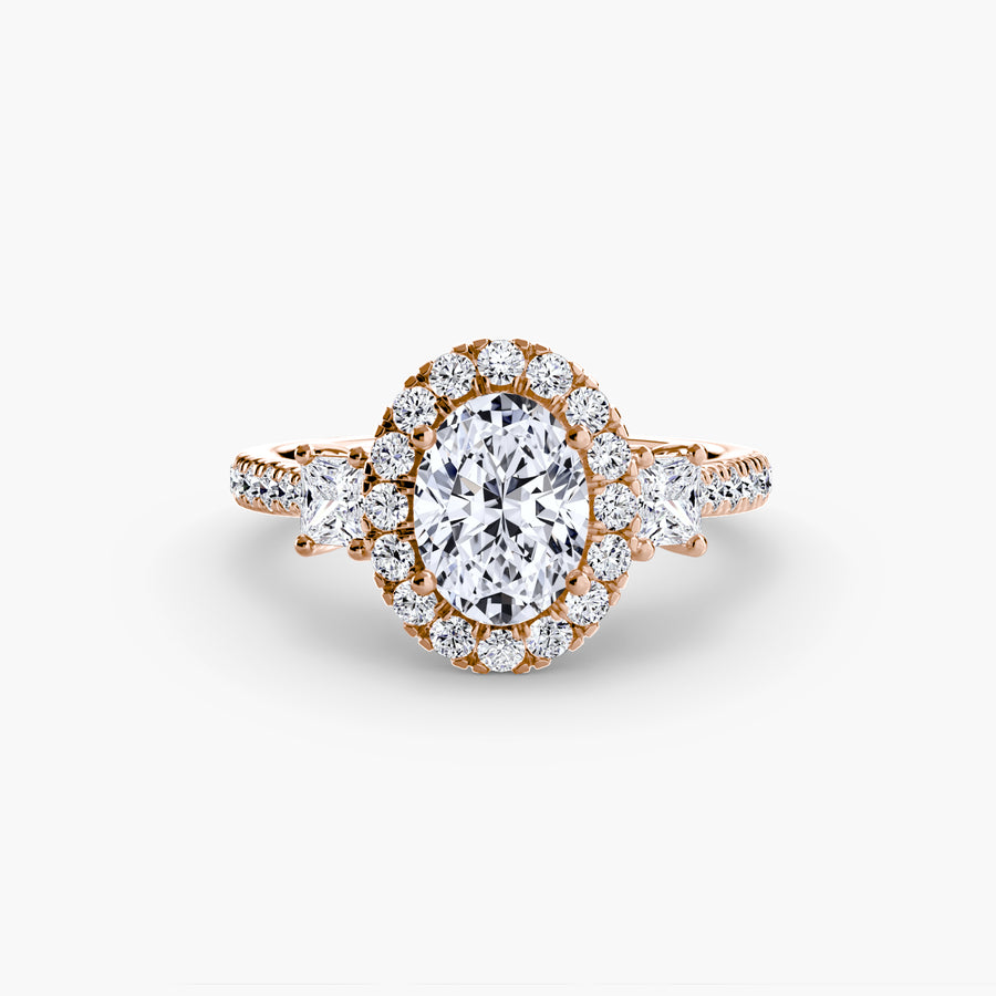 14K Rose Gold / Oval Three-Stone Ring with Halo 2