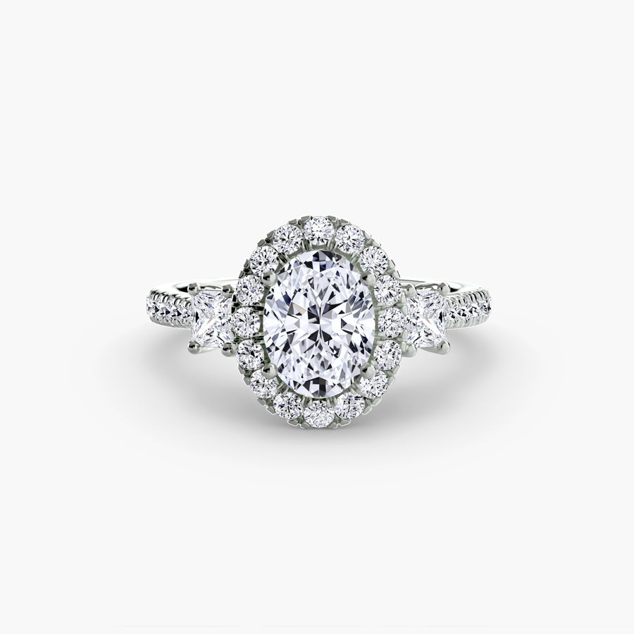 14K White Gold / Oval Three-Stone Ring with Halo 2