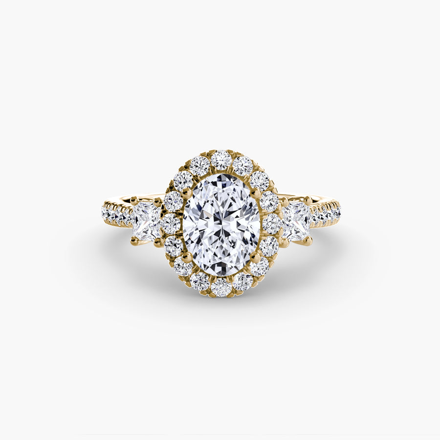 14K Yellow Gold / Oval Three-Stone Ring with Halo 2