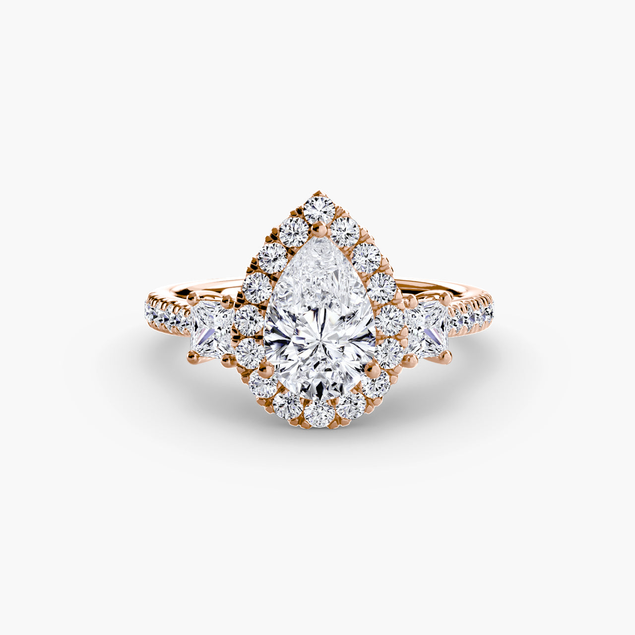 14K Rose Gold / Pear Three-Stone Ring with Halo 2